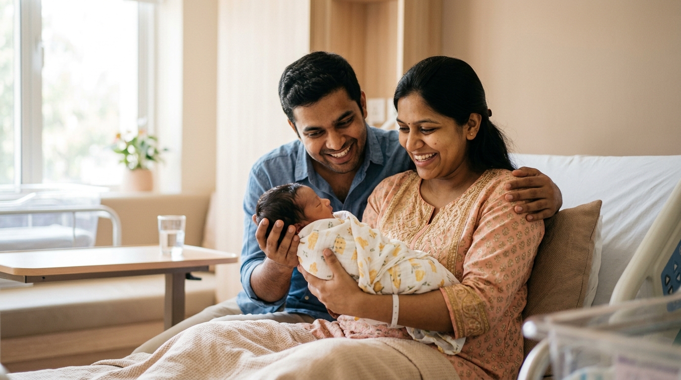 Happy Indian parents holding newborn baby at Lahari IVF